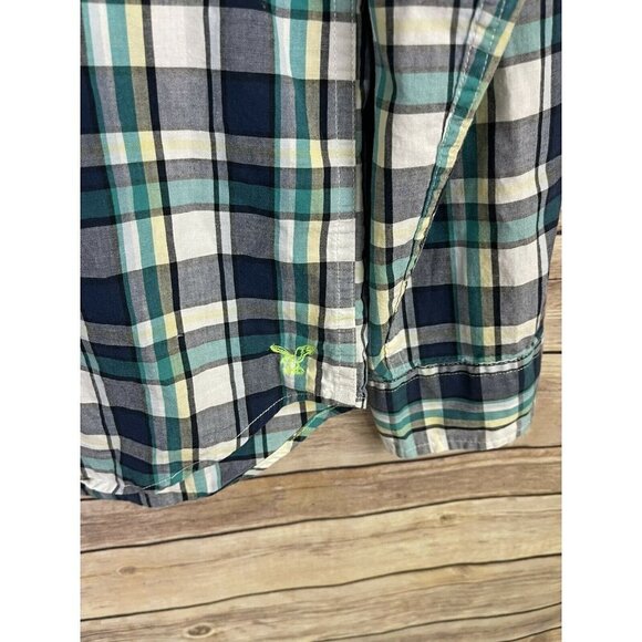 American Eagle Mens Small Athletic Fit Plaid Button Down Shirt Blue White Yellow - Picture 10 of 12